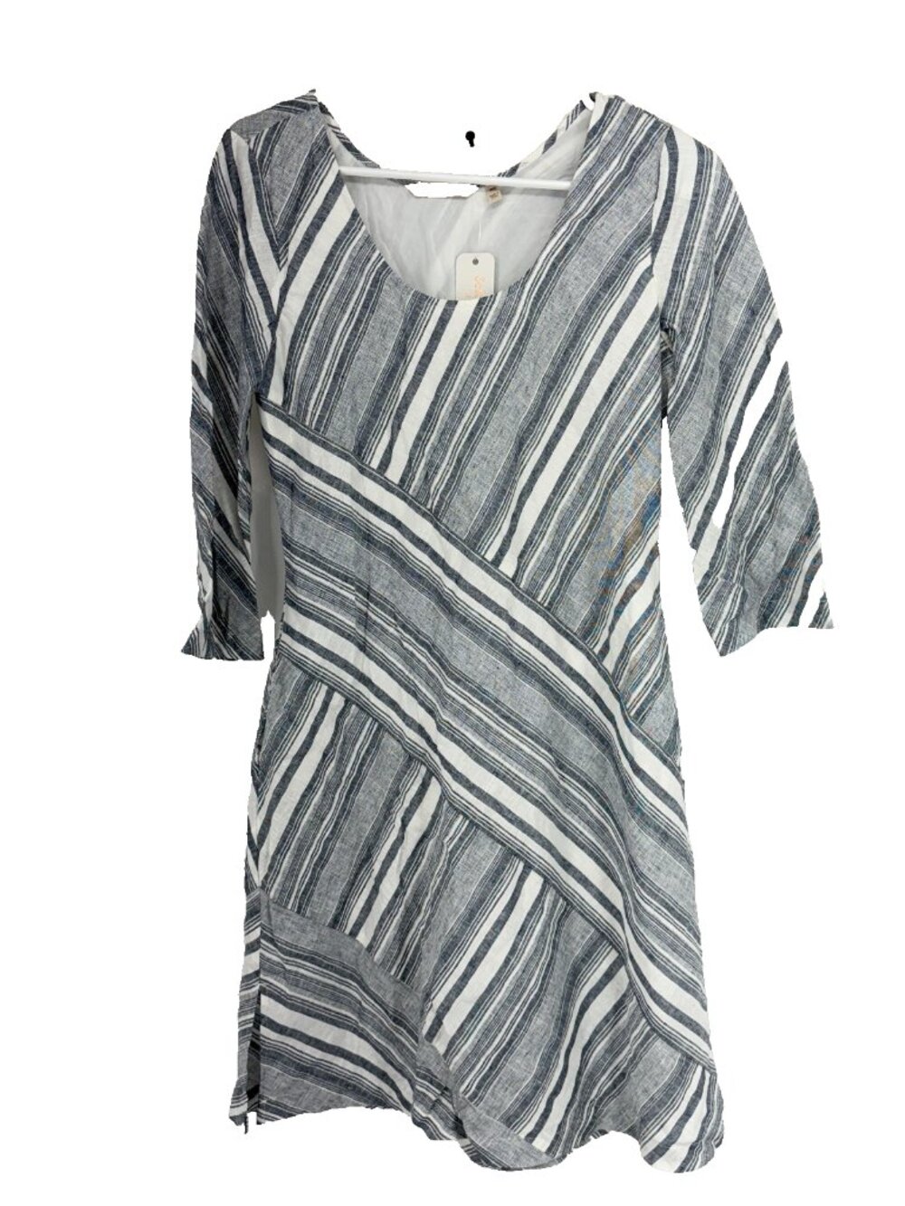 Soft Surroundings Women PXS Sonya Linen Dress Blue White Stripe Round Neck NEW